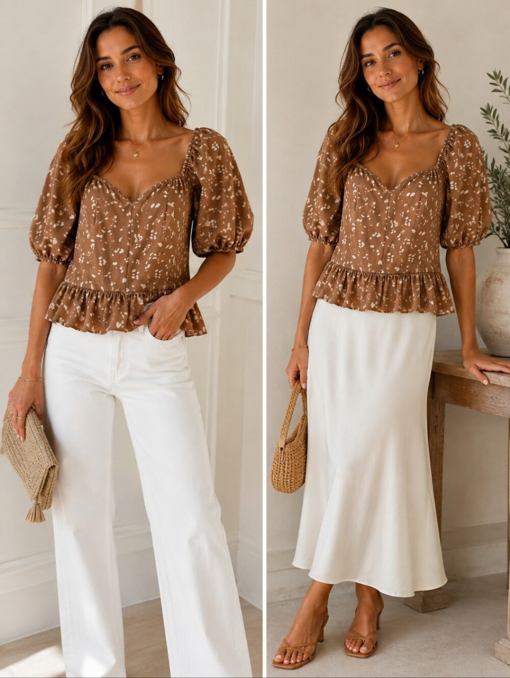 Puff Sleeve Ruffle Hem Blouse - Tan with Cream Spot